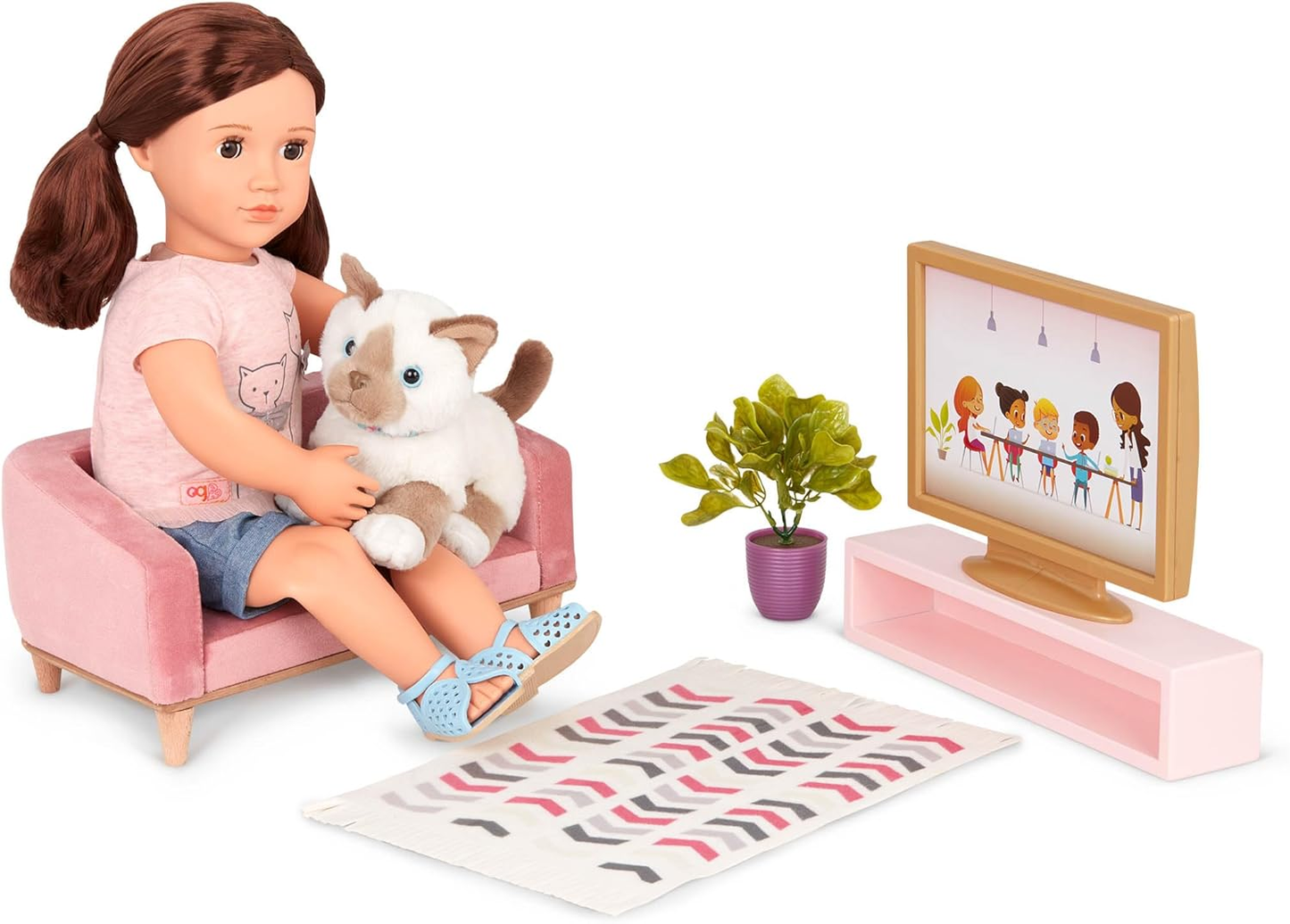 A Nossa Geração – Móveis para Casa de Bonecas – Sofá, Tapete e Conjunto de TV – Acessórios para Bonecas de 18 Polegadas – Brincadeiras de Faz de Conta – Brinquedos para Crianças a partir dos 3 anos – Conjunto de Sala OG Lovely