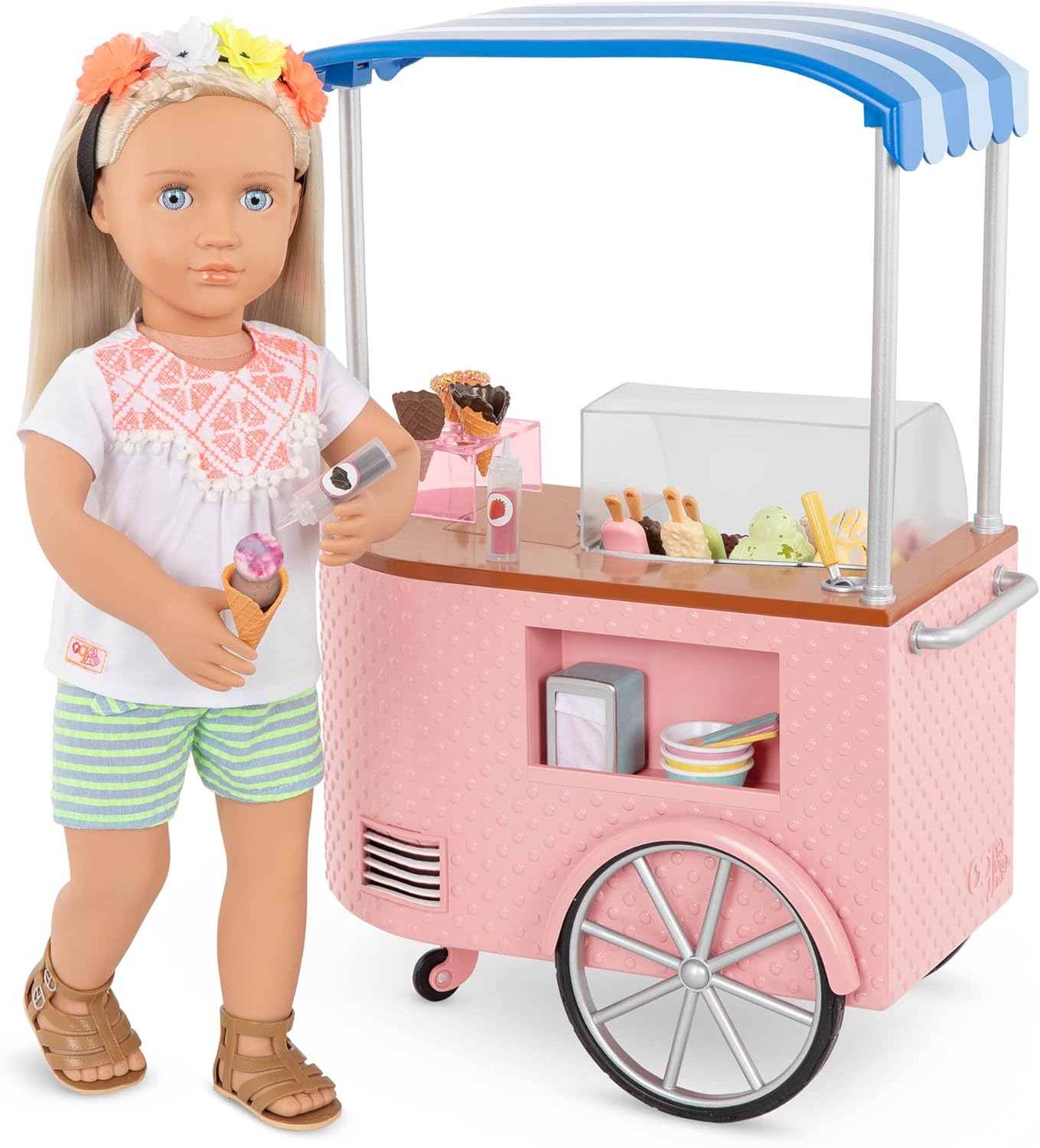 Carrinho de gelados Our Generation Two - Conjunto de gelados para bonecas de 45 cm, carrinho de comida de brincar, jogo de faz de conta para bonecas, conjunto de acessórios com 34 peças, para crianças a partir dos 3 anos