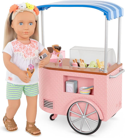 Carrinho de gelados Our Generation Two - Conjunto de gelados para bonecas de 45 cm, carrinho de comida de brincar, jogo de faz de conta para bonecas, conjunto de acessórios com 34 peças, para crianças a partir dos 3 anos