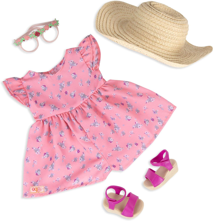 Boneca Our Generation com vestido estampado floral e chapéu de sol, Dália