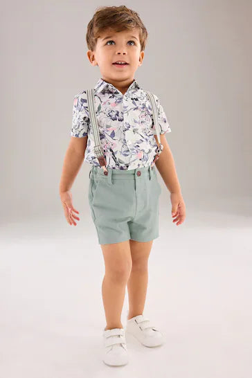 |BigBoy| Conjunto De Camisa Floral Azul, Short E Gravata Borboleta Com Suspensórios (3 meses - 9 anos)