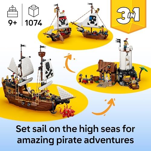 LEGO Creator 3 em 1 Navio Pirata Icônico - Kit de Modelo que se Transforma em um Castelo ou 2 Barcos Gêmeos - Ideia de Decoração para Quarto Infantil - Presente de Aniversário para Meninos e Meninas a partir de 9 Anos - 31387