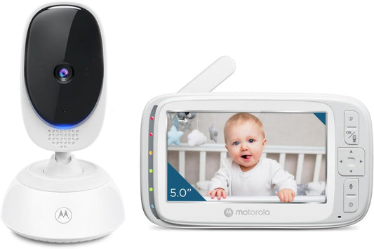 Motorola Nursery Monitor de Bebê VM75 - Unidade dos Pais de 5 Polegadas, Visão Noturna Infravermelha, Zoom Digital, Comunicação Bidirecional e Canções de Ninar