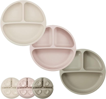 PandaEar Conjunto de 3 pratos infantis, pratos de silicone divididos com ventosas para bebês e crianças pequenas, antiderrapantes - próprios para lava-louças e micro-ondas (marrom chá linho)