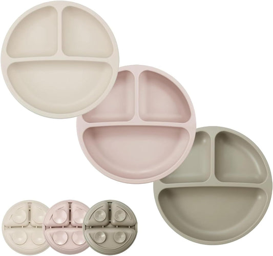 PandaEar Conjunto de 3 pratos infantis, pratos de silicone divididos com ventosas para bebês e crianças pequenas, antiderrapantes - próprios para lava-louças e micro-ondas (marrom chá linho)