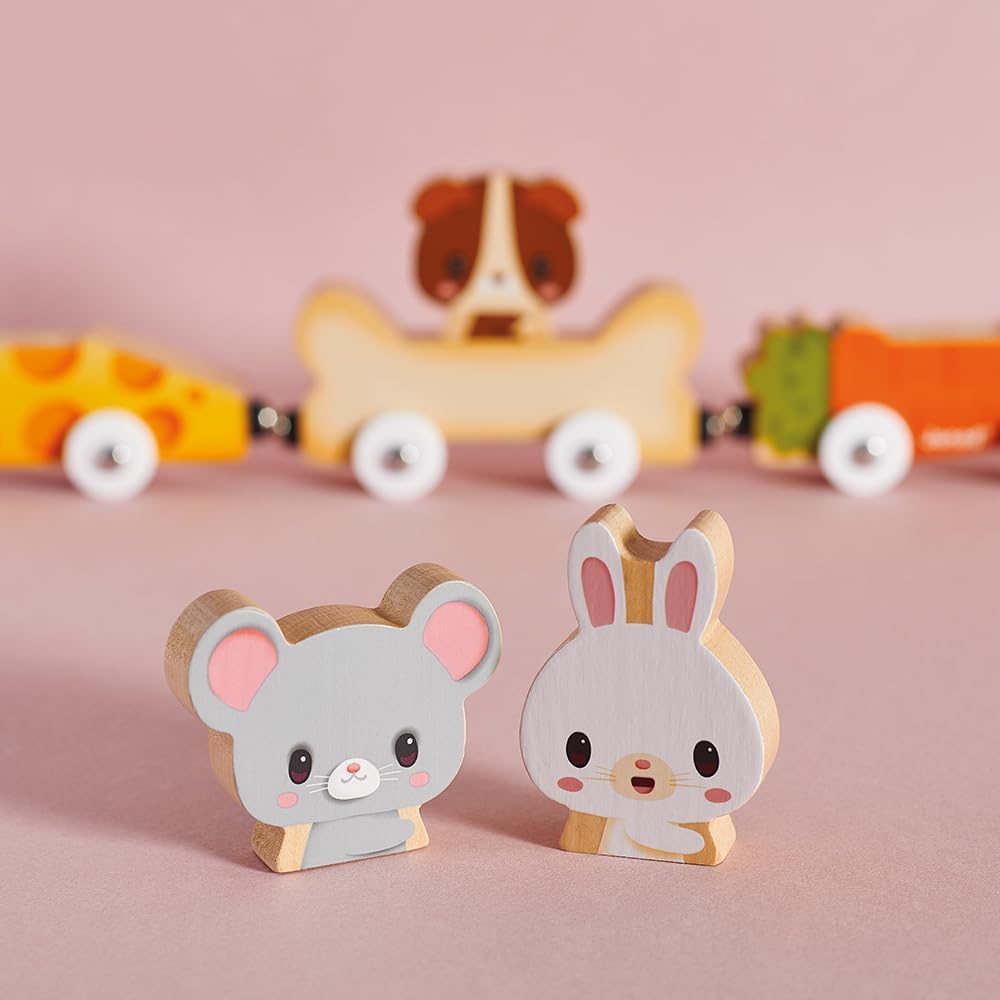 Janod - Mascotas Magnéticas - Juguete de Aprendizaje Temprano - 3 Vehículos + 3 Animales de Madera - Desarrolla la Destreza - Juego de Madera FSC - 18 Meses +,