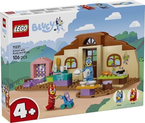 LEGO Escola Bluey com Rusty e Bluey - Brinquedo Educativo com Cozinha, Café, 2 Minifiguras e Acessórios de Comida de Brinquedo - Conjunto Montessori - Presente de Aniversário para Meninas e Meninos a partir de 4 Anos - 11221