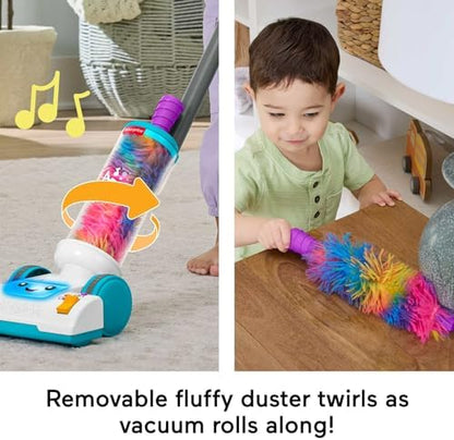 Fisher-Price Aspirador de pó 2 em 1 Laugh & Learn com espanador, luzes e música para brincadeiras de faz de conta para crianças a partir de 2 anos, versão multilíngue, JMM33