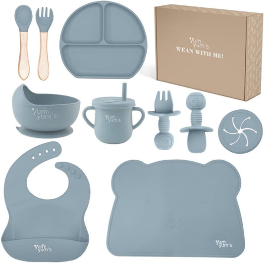 Yum Yum's Conjunto de Introdução Alimentar Baby Azul com 10 Peças - Kit Completo para Alimentação Infantil com Prato Dividido, Tigelas com Ventosa, Talheres com Protetor Bucal, Copo com Canudo,