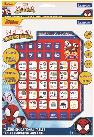 LEXIBOOK, Homem-Aranha e Seus Incríveis Amigos, Tablet Educativo Bilíngue, Brinquedo para aprender o alfabeto, números, palavras, ortografia e música, Inglês/Espanhol, Azul/Vermelho, JCPAD002SPi2