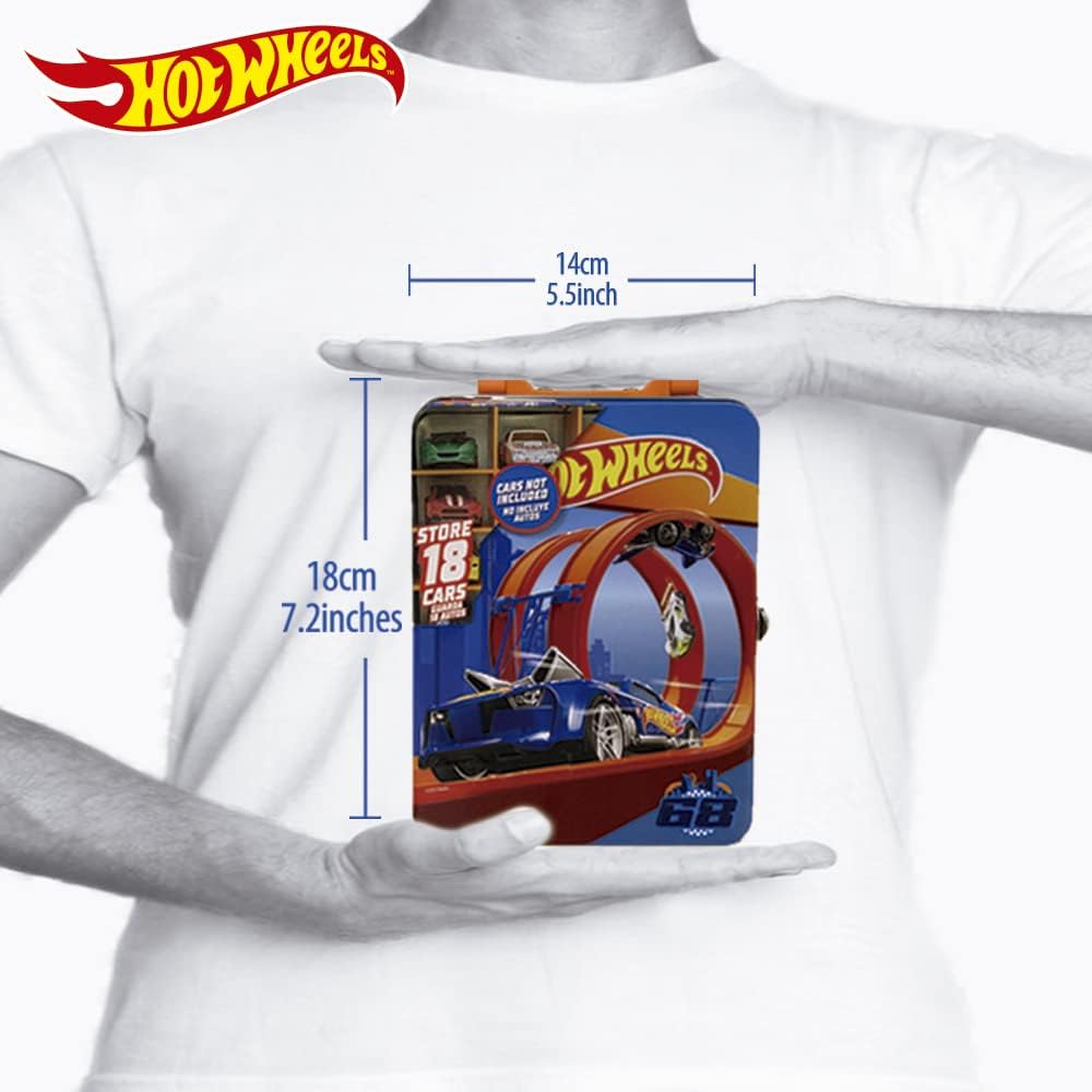 Hot Wheels Estojo de metal para carrinhos na escala 1:64 | Organizador e porta-carrinhos para 18 unidades | Presente ideal para colecionadores e crianças a partir de 3 anos | Tampa com design 3D | (Carrinhos não inclusos)