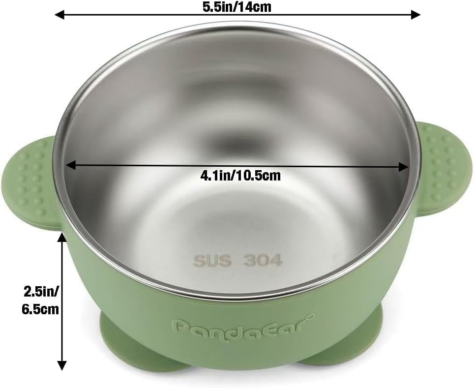 PandaEar Conjunto de 6 Tigelas e Colheres de Aço Inoxidável para Bebês, 2 Tigelas com Ventosa e 4 Talheres de Silicone, Tigelas Antiderrapantes com Capa de Silicone e Colher e Garfo Antiengasgo