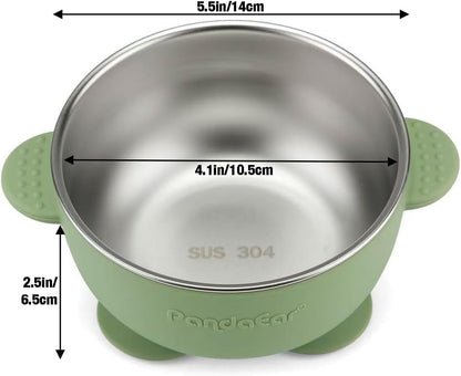 PandaEar Conjunto de 6 Tigelas e Colheres de Aço Inoxidável para Bebês, 2 Tigelas com Ventosa e 4 Talheres de Silicone, Tigelas Antiderrapantes com Capa de Silicone e Colher e Garfo Antiengasgo