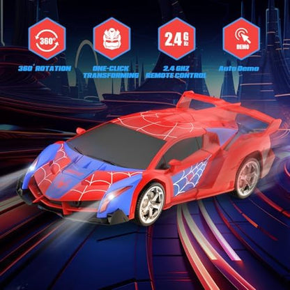 Carro de Controle Remoto Transformável DEERC, Robô RC de 2,4 GHz, Brinquedo Carro Aranha em Escala 1:18 com Transformação de Um Botão e Derrapagem com Rotação de 360° para Crianças de 4 a 7 Anos e de 8 a 12 Anos - Presente de Aniversário e Natal