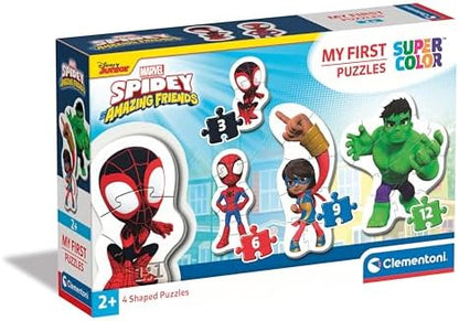 Clementoni 20836 Marvel Homem-Aranha e Seus Incríveis Amigos Quebra-cabeça de 3, 6, 9 e 12 peças - Supercolorido para crianças de 2 a 4 anos, desenho animado, formato especial, presente para meninos, quebra-cabeça infantil