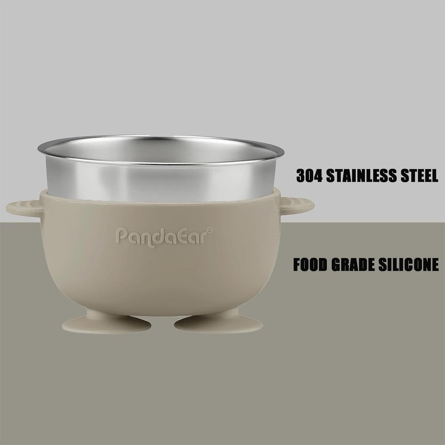 PandaEar Conjunto de 3 Tigelas de Silicone com Ventosa para Bebê, em Aço Inoxidável, com 3 Colheres, que Mantêm a Alimentação Firme, Ideais para Bebês e Crianças em Fase de Introdução Alimentar, Livres de BPA - Cor: Linho...
