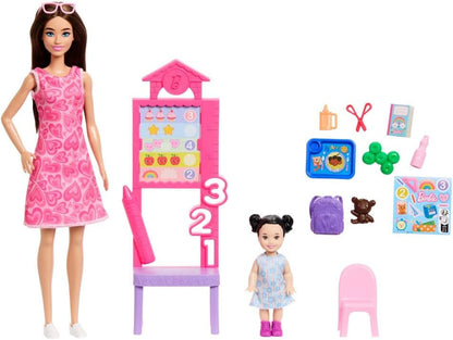 Barbie Conjunto Profissões Professora com Boneca Fashion Vestindo Vestido Removível, Boneca Criança Pequena, Quadro de Sala de Aula e Acessórios, JMK16