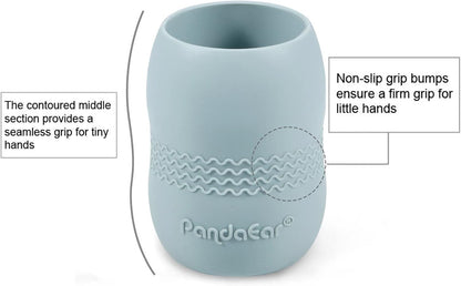 PandaEar Conjunto de 2 Copos de Silicone para Bebês a partir de 6 Meses | Copo Giratório 360° Antivazamento para Crianças Pequenas | Copo Aberto para Desmame com Fluxo Livre (Azul/Branco)