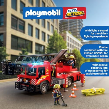 Playmobil | City Action | Caminhão de Bombeiros com Escada | Veículo de Emergência com Escada de 63 cm, Luz e Som, Equipamento de Resgate e Muitos Acessórios | Para Crianças a Partir de 4 Anos | 72192