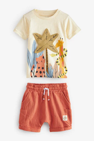 |Boy|  Conjunto de camiseta e shorts com personagens - Aplique de selva creme (3 meses a 7 anos)