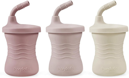 PandaEar Conjunto de 3 Copos de Treinamento para Bebês em Silicone com Canudo, Inquebráveis, para Bebês e Crianças a partir de 6 Meses, 148ml (Rosa/Rosa Claro/Linho)