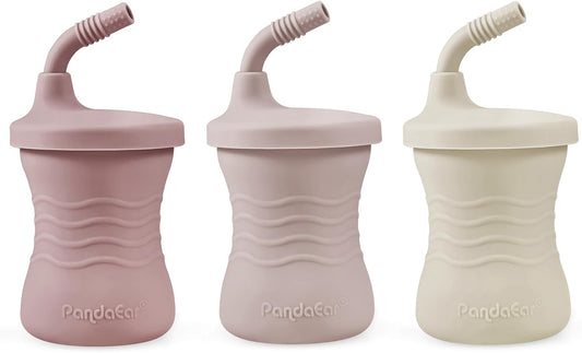 PandaEar Conjunto de 3 Copos de Treinamento para Bebês em Silicone com Canudo, Inquebráveis, para Bebês e Crianças a partir de 6 Meses, 148ml (Rosa/Rosa Claro/Linho)