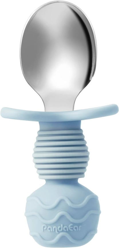 PandaEar Conjunto de 6 colheres e garfos de aço inoxidável para alimentação infantil - Utensílios anti-engasgo para bebês e crianças a partir de 18 meses de idade, ideais para a introdução alimentar guiada (azul/cinza/pêssego).