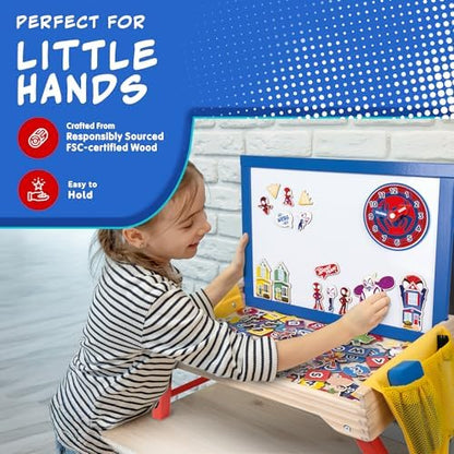 Mesa de Atividades Infantil Marvel Homem-Aranha e Seus Incríveis Amigos – Mesa de colo dobrável de madeira com quadro branco, acessórios magnéticos, bolsos de armazenamento e marcador – Mesa de atividades portátil para meninos e meninas
