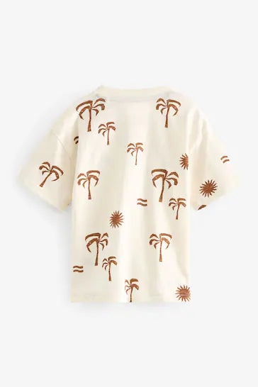 |Boy| Camiseta De Manga Curta Com Estampa Completa - Ecru White Palms (3 Meses - 7 Anos)