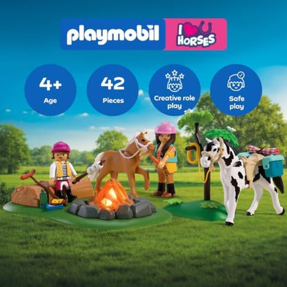 Playmobil | I Love Horses | Passeio a Cavalo com Fogueira | Conjunto de equitação com mãe, filha, cavalo, pônei e fogueira eletrônica | Para crianças a partir de 4 anos | 72132