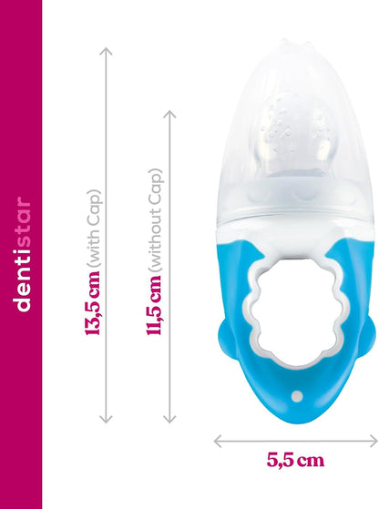 dentistar Comedouro de silicone para frutas e vegetais para bebês - a partir de 6 meses - pacote de 2 - conjunto de 5 peças (tampa protetora, tetina de silicone, rede, anel de parafuso, alça) - sem BPA - azul