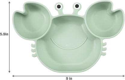 PandaEar Conjunto de 2 pratos de silicone com ventosa para bebês e crianças pequenas, com 4 colheres para alimentação independente. Pratos divididos e inquebráveis com ventosa. Conjunto de pratos e talheres para bebês. Caranguejo verde e abelha rosa.
