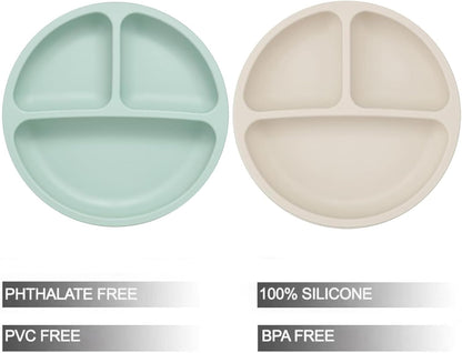 PandaEar Conjunto de 2 Pratos com Ventosa para Bebê , com Colheres e Garfos de Aço Inoxidável, Pratos de Silicone para Crianças, Prato Dividido Inquebrável com Ventosa, Antiderrapante, Livre de BPA