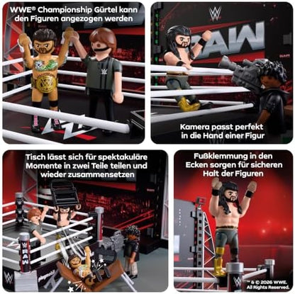 Playmobil | WWE® | Conjunto de Colecionador Ringue WWE RAW | Ringue de Luta Livre com CM Punk, Seth Rollins, Árbitro, Cinegrafista e Acessórios | Para Fãs a Partir de 5 Anos | 71956