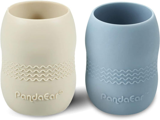 PandaEar Conjunto de 2 Copos de Silicone para Bebês a partir de 6 Meses | Copo Giratório 360° Antivazamento para Crianças Pequenas | Copo Aberto para Desmame com Fluxo Livre (Azul/Branco)