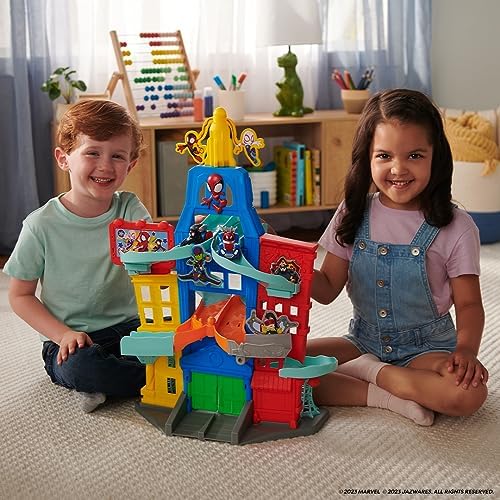 Conjunto de Pista Amazing Metals City do Homem-Aranha e seus Incríveis Amigos da Marvel, com 60 cm de altura - Inclui dois veículos exclusivos de metal fundido de 7,5 cm - Brinquedos de super-heróis para crianças a partir de 3 anos