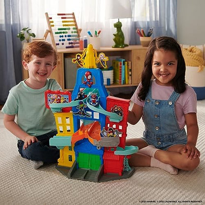 Conjunto de Pista Amazing Metals City do Homem-Aranha e seus Incríveis Amigos da Marvel, com 60 cm de altura - Inclui dois veículos exclusivos de metal fundido de 7,5 cm - Brinquedos de super-heróis para crianças a partir de 3 anos