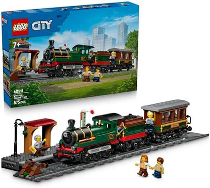 LEGO City Trem a Vapor Vintage - Kit de Modelo STEM - Conjunto com Estação, Trilhos, Controles da Cabine, Sinal de Parada e 5 Minifiguras - Presente de Aniversário para Meninos a partir de 7 Anos - 60511