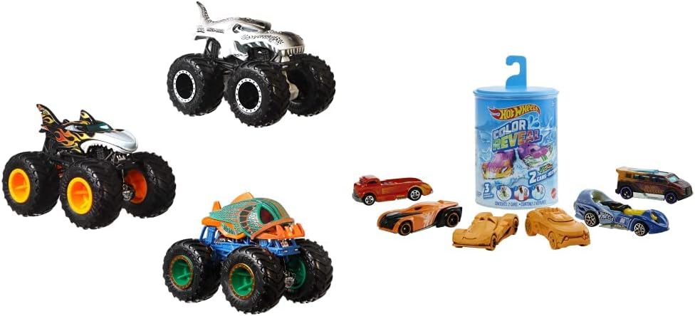 Hot Wheels Monster Trucks Creature 3 pacotes de brinquedos Monster Trucks em escala 1:64, Shark Wreak, Piran-ahh e Mega Wrex, brinquedo para crianças de 3 anos ou mais