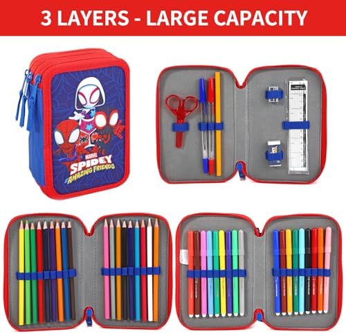 Estojo grande de 3 camadas Marvel Spidey e seus Incríveis Amigos para Lápis, com Vários Compartimentos para Material Escolar, Canetas Coloridas e Conjuntos de Lápis.
