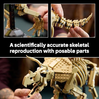 LEGO Jurassic World Fósseis de Dinossauro: Triceratops - Kit de Modelo para Exibição para Adultos com Minifigura do Dr. Gerry Harding - Decoração de Prateleira DIY - Presente para Fãs de Jurassic Park - 77985