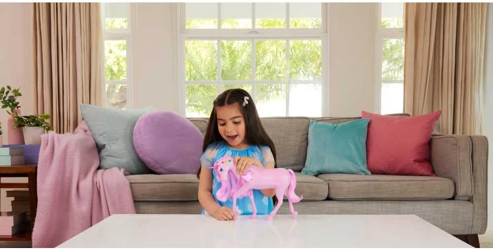 Barbie Unicórnio com Luzes Brilhantes, 20 Combinações Interativas de Luzes, Sons e Música, Aperte os Botões e a Cabeça do Bichinho para Brincar, JCP78