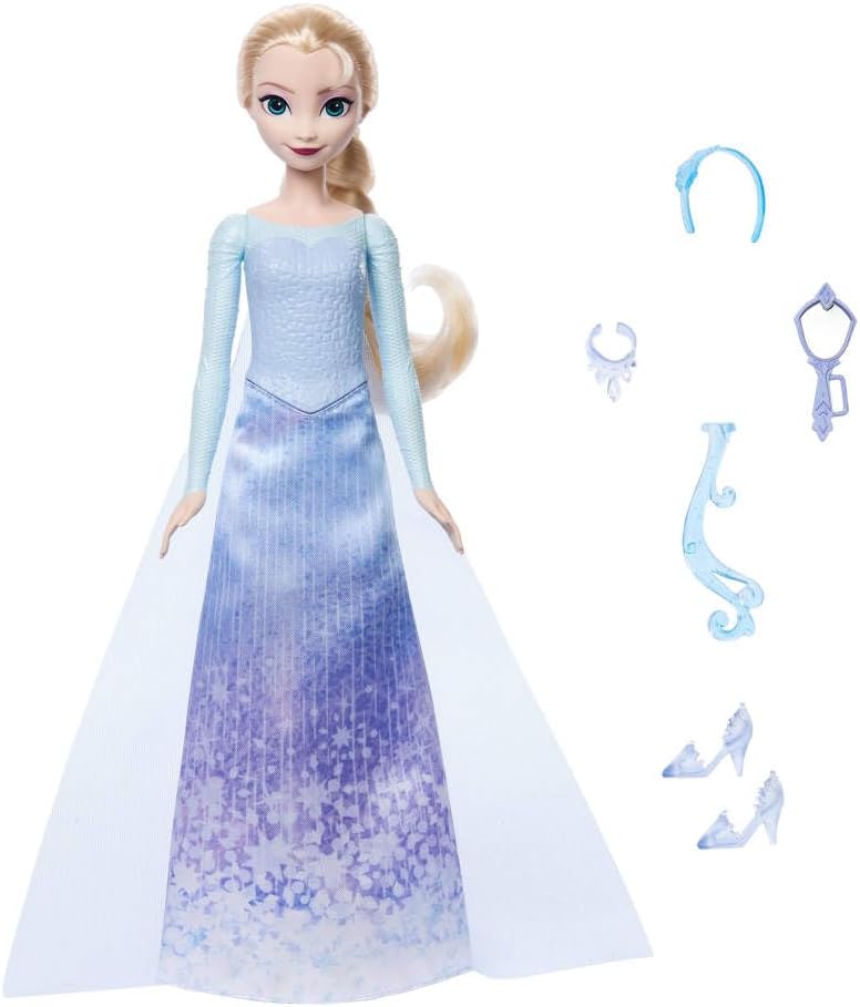 Mattel Conjunto de Boneca Fashion Elsa Disney Frozen da , Spin & Reveal com 11 Surpresas, incluindo 5 Acessórios, 5 Adesivos e Cenário de Brincadeira, Inspirado no Filme da Disney, JBG59