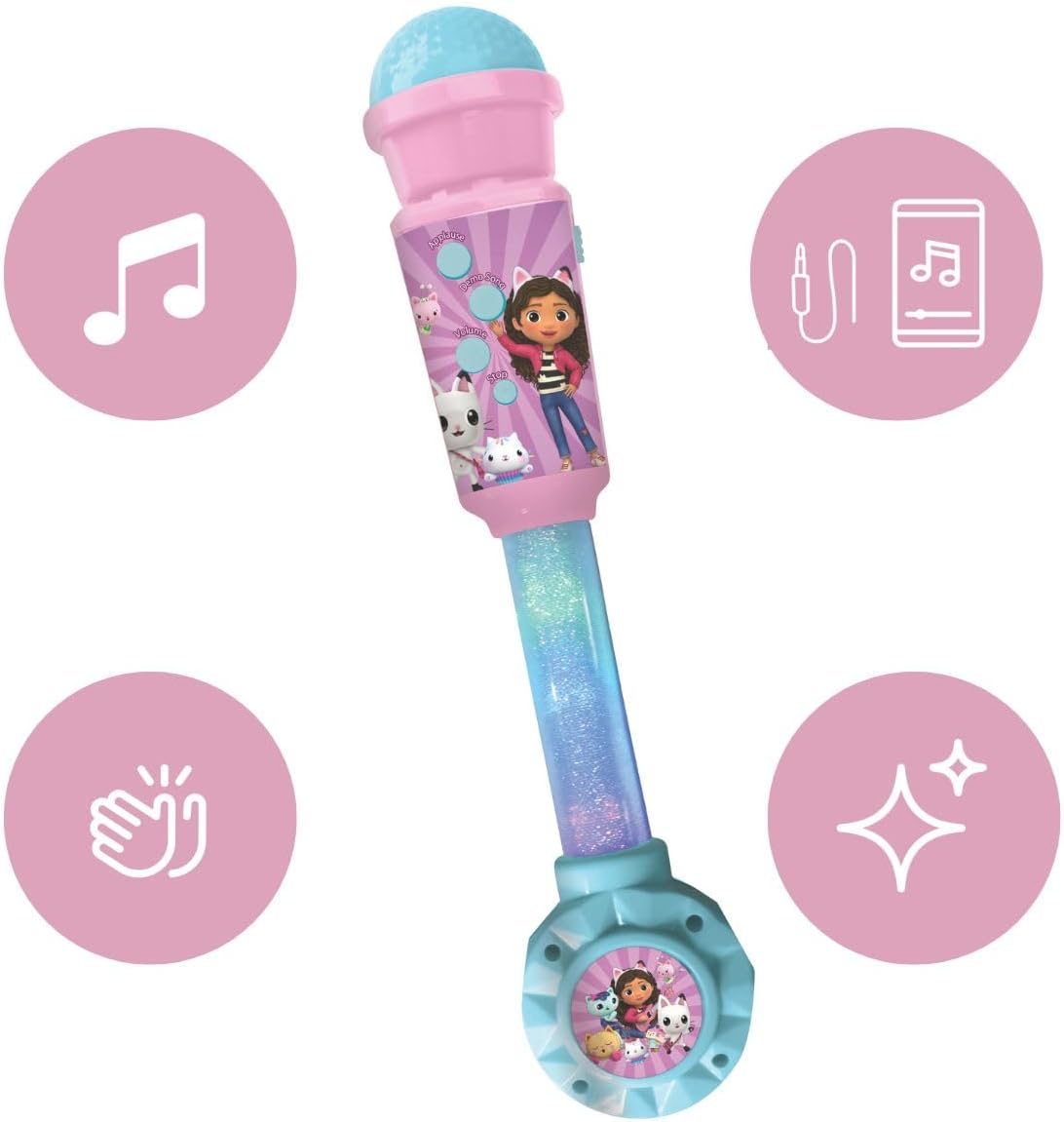 LEXIBOOK, Casa de Bonecas da Gabby, Microfone Luminoso para Crianças, Brinquedo Musical, Alto-falante Embutido, Efeitos de Luz, Entrada Auxiliar, Azul/Rosa, MIC90GDH