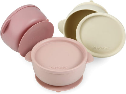 PandaEar Conjunto de 3 Tigelas de Silicone com Ventosa | Tigelas de Silicone Antivazamento com Tampas para Bebês, Crianças e Bebês | Macias, Seguras e Livres de BPA, próprias para Alimentos (Rosa Linho)