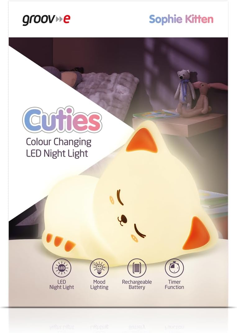 Groov-e Cuties - Sophie Kitten - Luz noturna LED que muda de cor com temporizador de 30/60 minutos - 7 cores - Toque para usar - Bateria recarregável de 12 horas ou alimentada por USB - para bebês, crianças pequenas e crianças