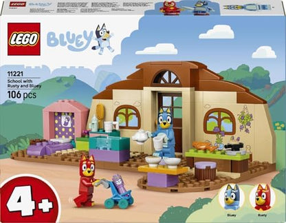 LEGO Escola Bluey com Rusty e Bluey - Brinquedo Educativo com Cozinha, Café, 2 Minifiguras e Acessórios de Comida de Brinquedo - Conjunto Montessori - Presente de Aniversário para Meninas e Meninos a partir de 4 Anos - 11221