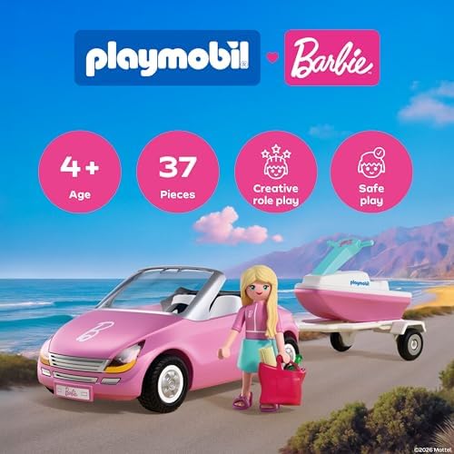 Playmobil | Barbie | Conversível | Carro Conversível com Reboque e Jet Ski | Aventura de Verão com a Barbie na Costa de Malibu | Diversão com Veículo e na Água | Conjunto Criativo para Crianças a partir de 4 Anos | 72123