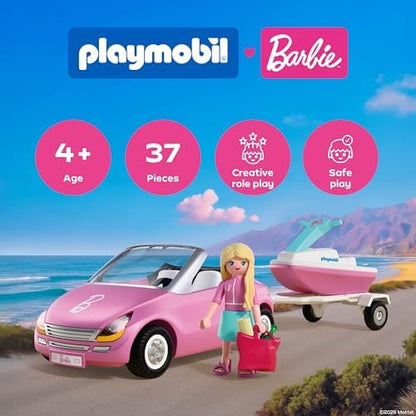Playmobil | Barbie | Conversível | Carro Conversível com Reboque e Jet Ski | Aventura de Verão com a Barbie na Costa de Malibu | Diversão com Veículo e na Água | Conjunto Criativo para Crianças a partir de 4 Anos | 72123