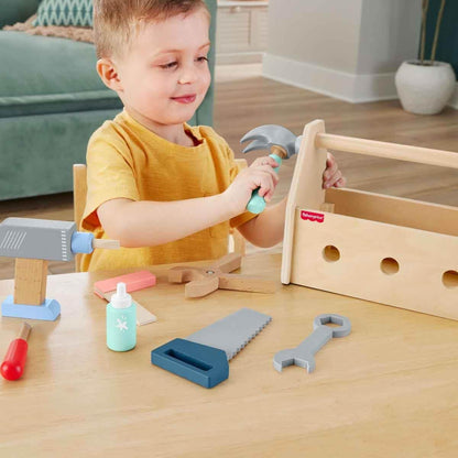 Fisher-Price Caixa de Ferramentas de Brinquedo de Madeira com Furadeira, Conjunto de 9 Peças para Brincar de Construção, Ideal para Crianças em Idade Pré-escolar a partir de 3 Anos, HYG50